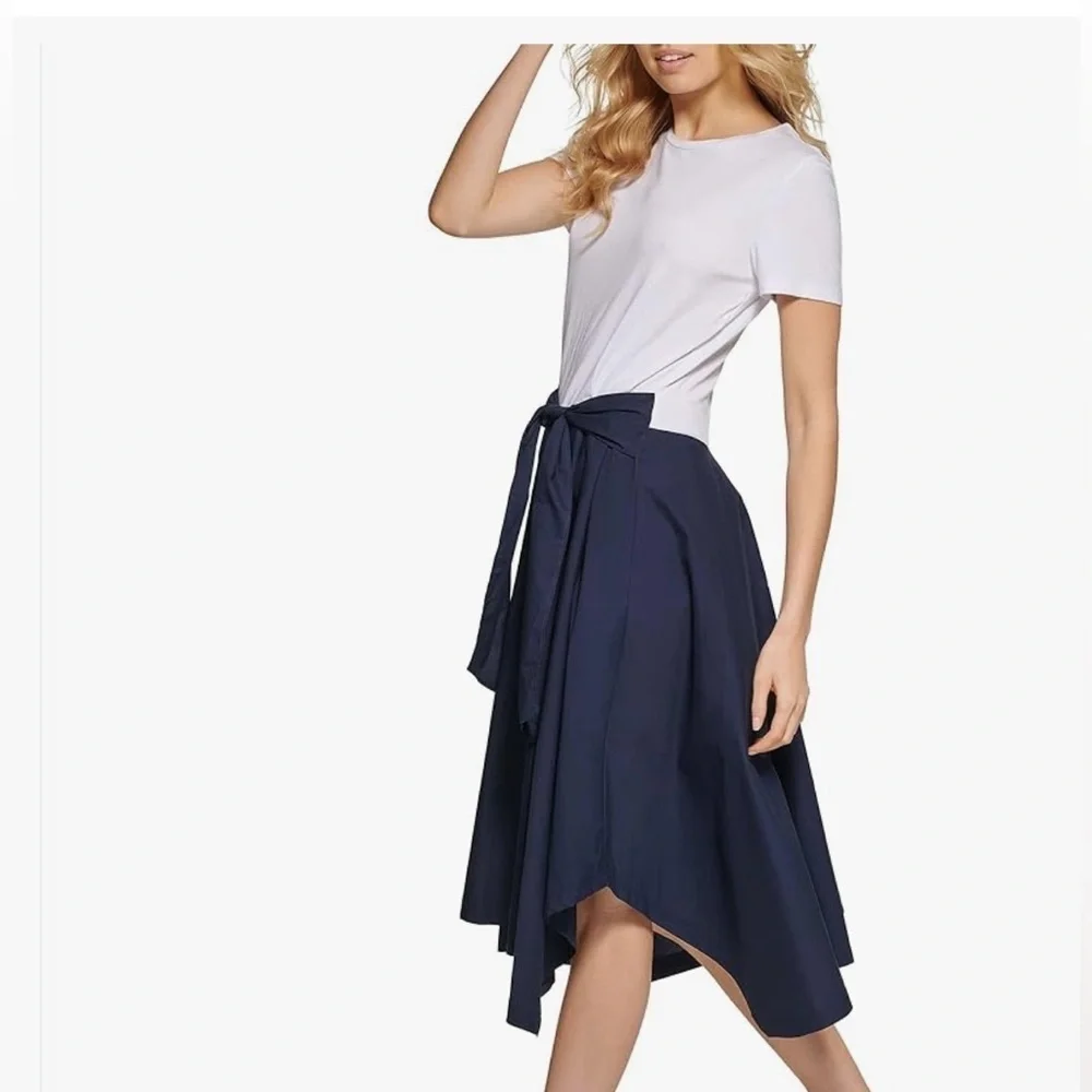 DKNY Women's Mixed-Media Tie-Front Short Sleeve Knit Dress